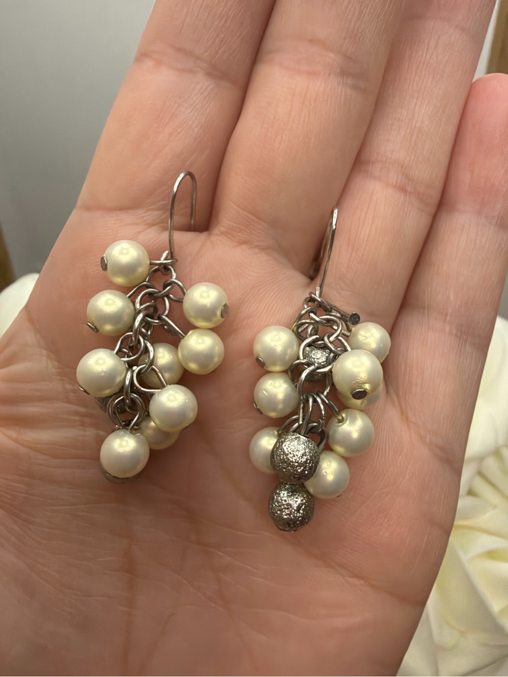 Pearl Cluster Drop Earrings - Cream Pearl and Silver
